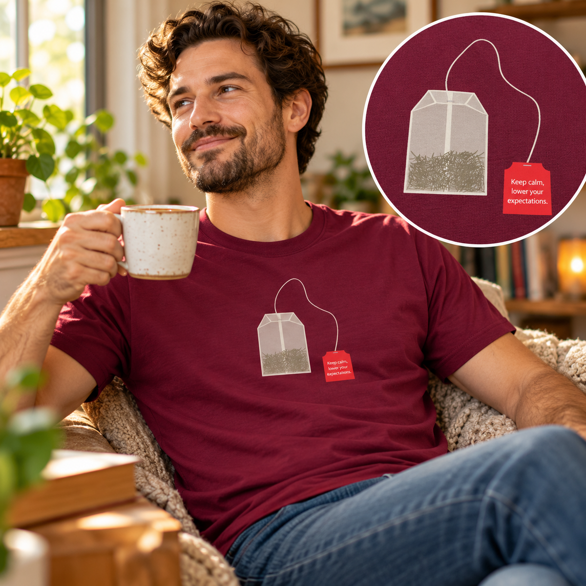 Sarcastic Tea-Shirt bordeaux op model met vergroot detail van de opdruk