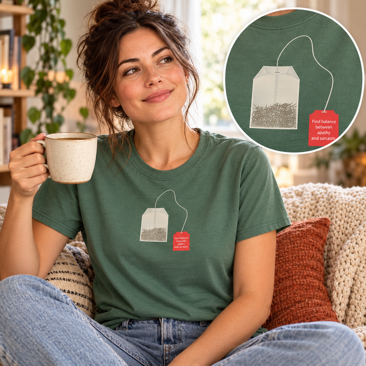 Sarcastic Tea-Shirt groen op model met vergroot detail van de opdruk