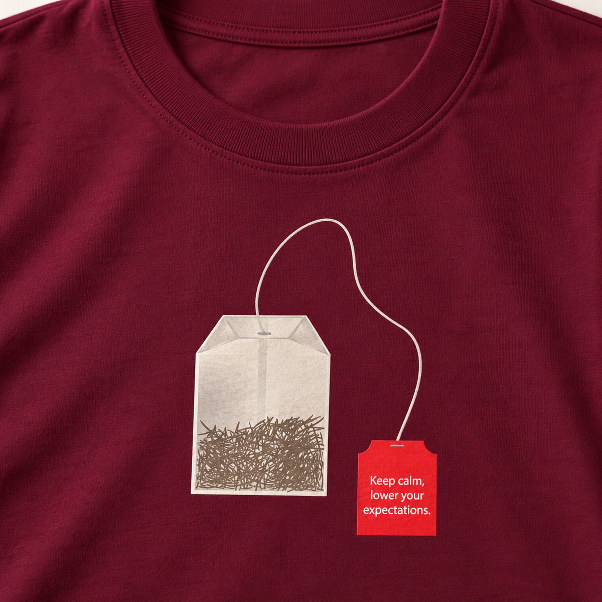 Detail Sarcastic Tea-Shirt bordeaux met theezakje en tekst