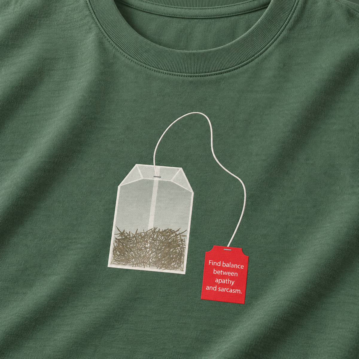 Detail Sarcastic Tea-Shirt groen met theezakje en tekst